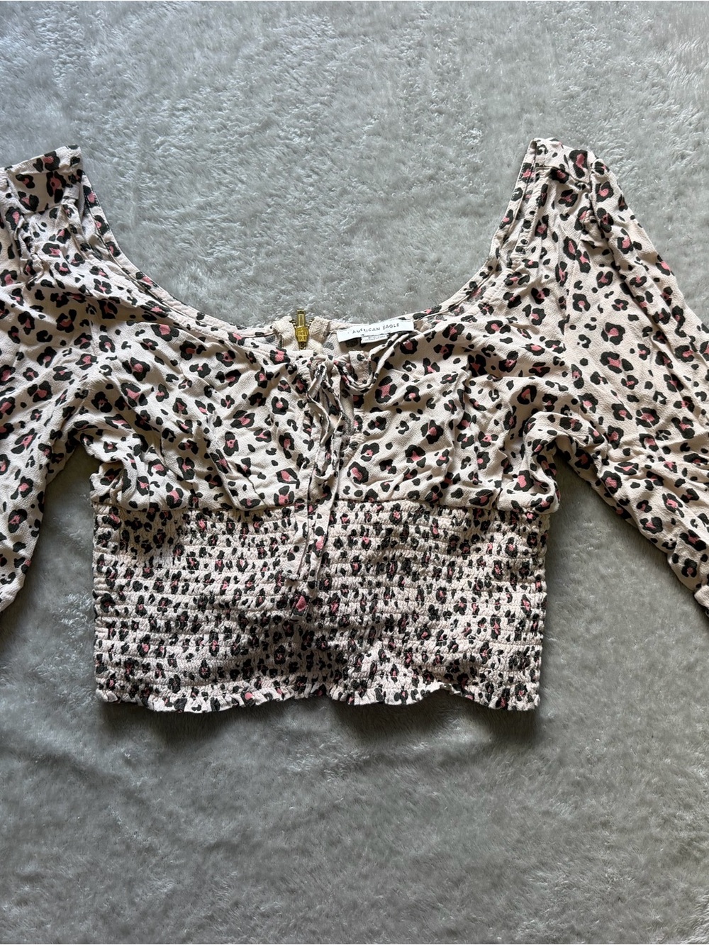 American Eagle Outfitters Pink Leopard Smocked Crop Top